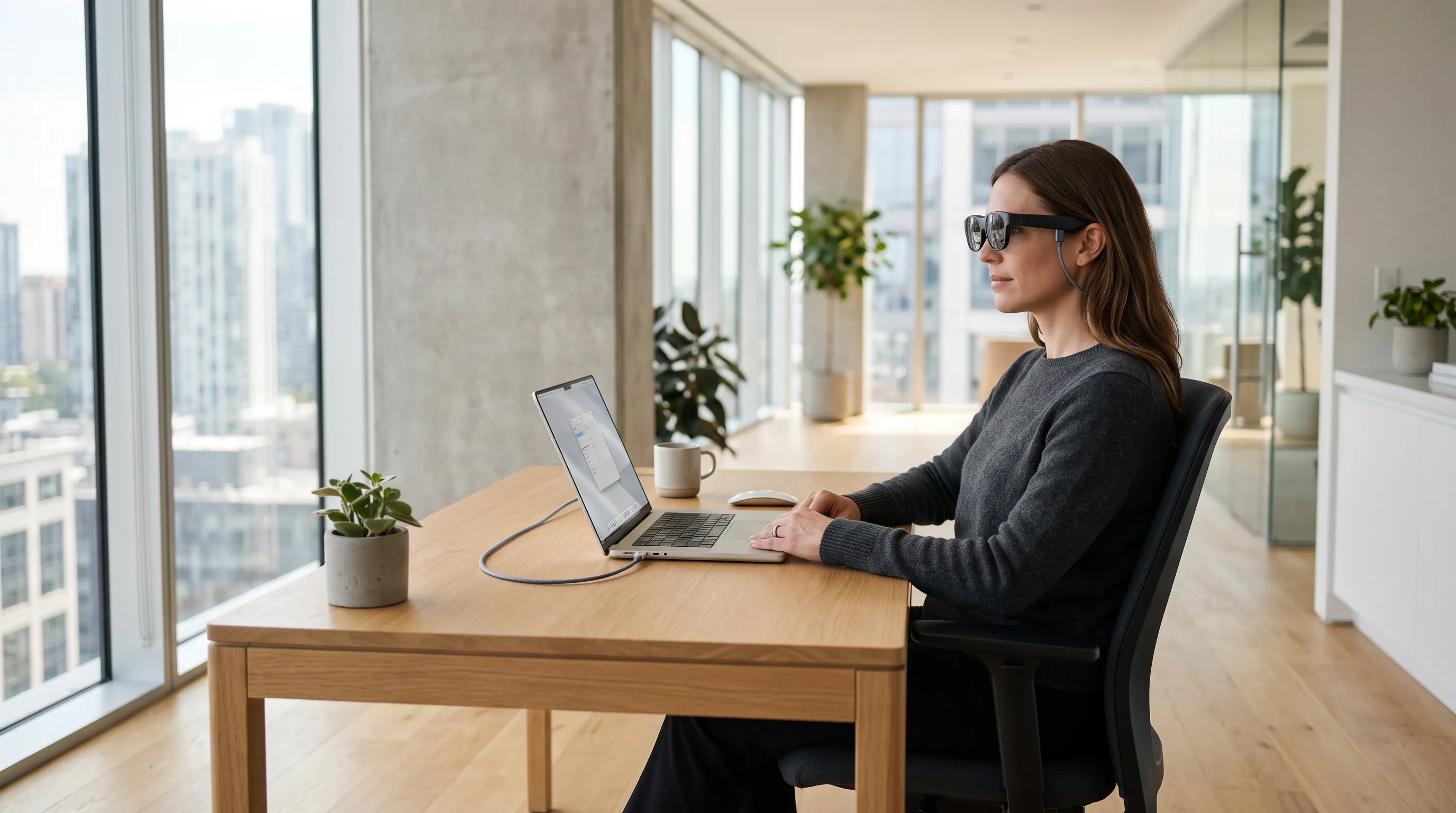 A person wearing wide AR display glasses leans toward a laptop connected by a tidy USB-C cable at a clean modern desk.
