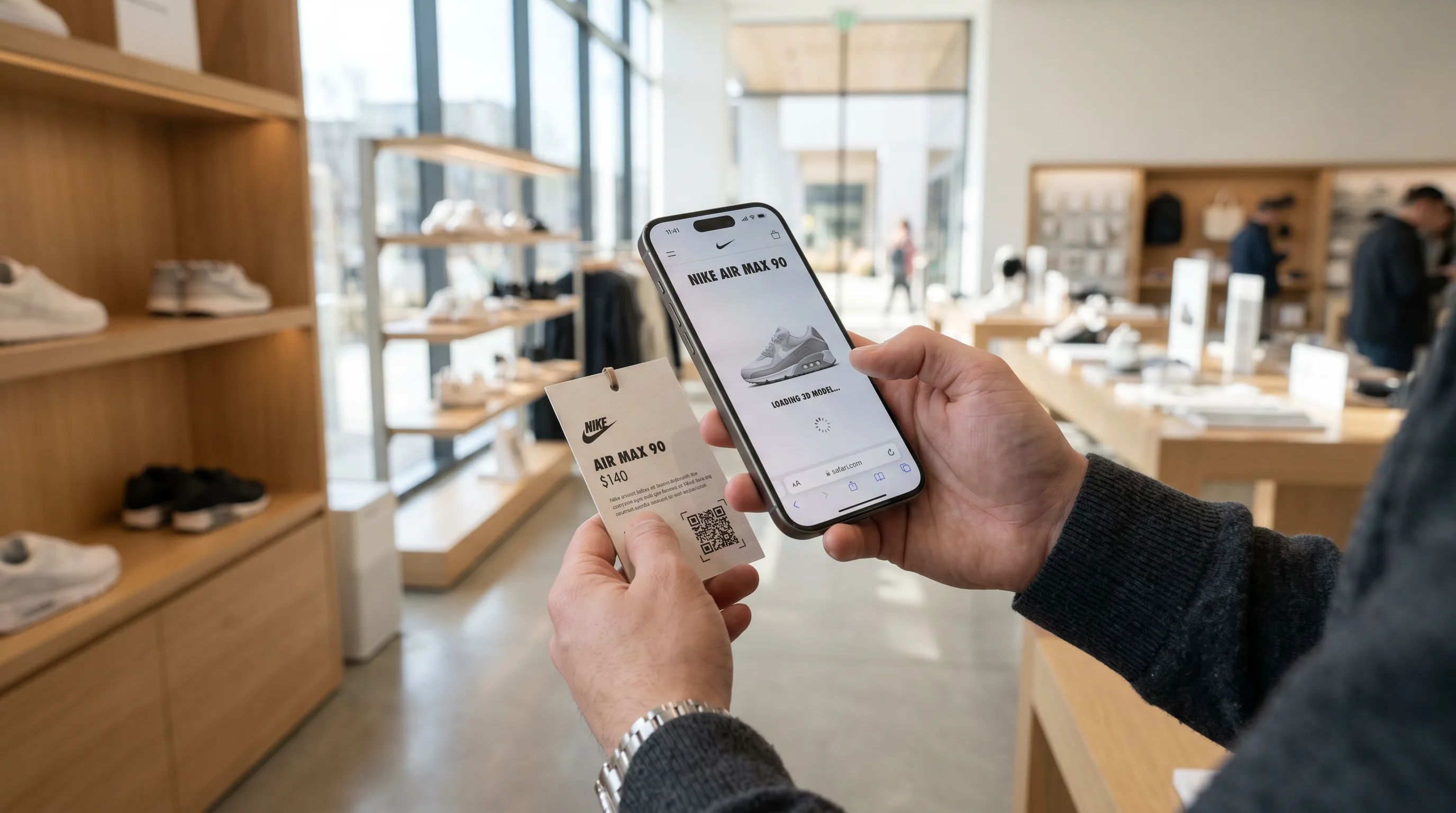 Shopper scanning product tag QR code to view 3D shoe model on smartphone