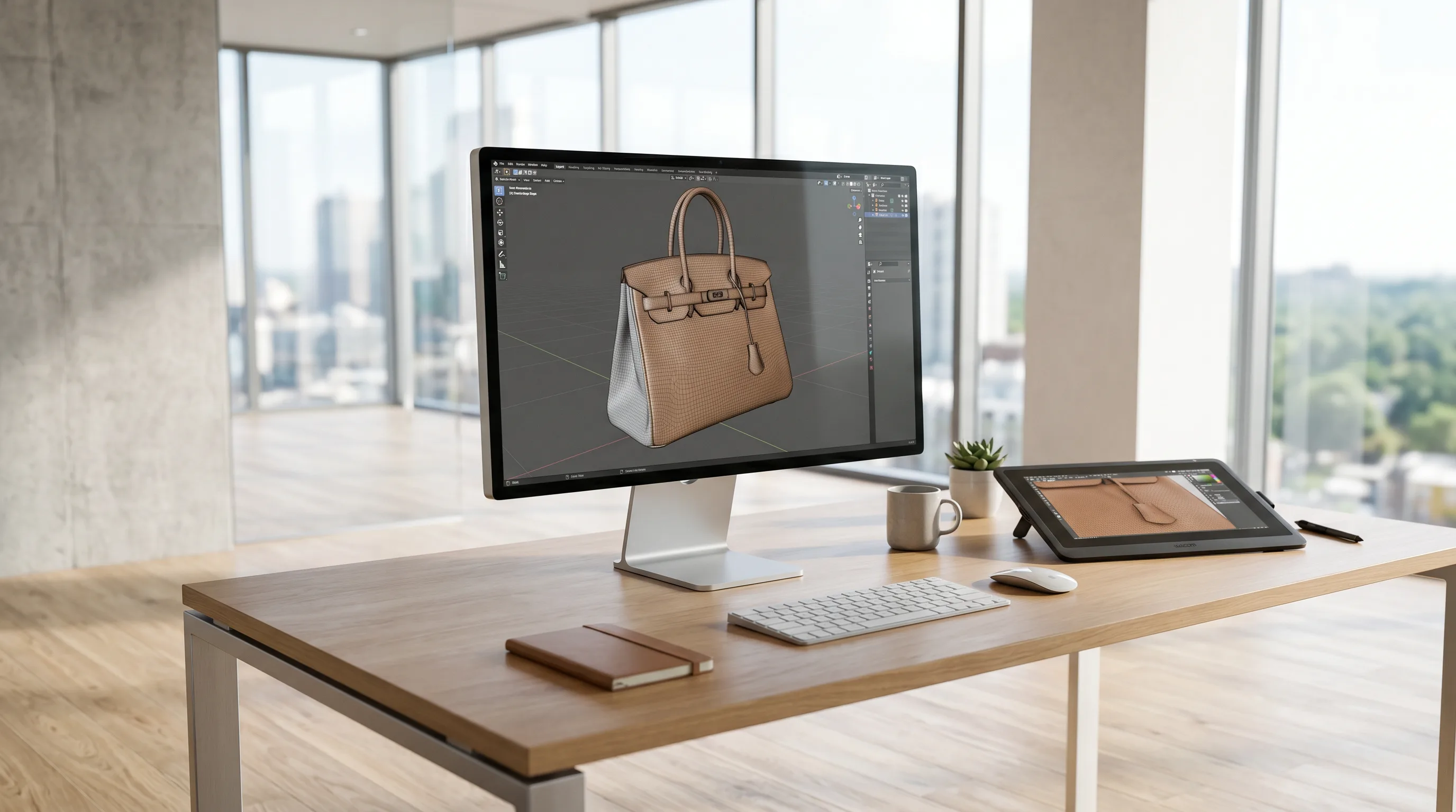 Minimalist 3D modeler workspace with handbag render on monitor in bright modern office