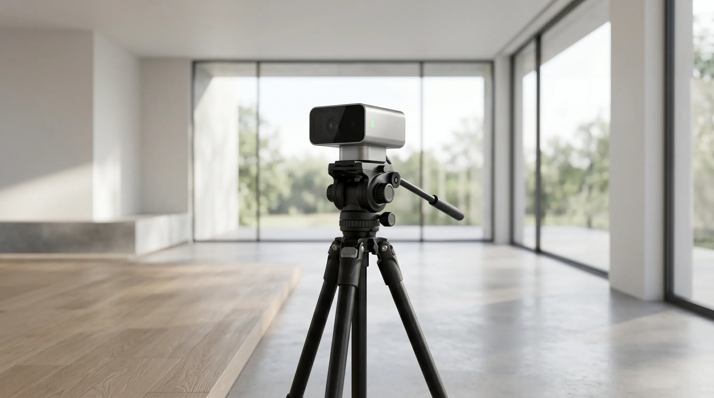 Tripod-mounted LiDAR camera scanning a bright modern living room with white walls and tall windows