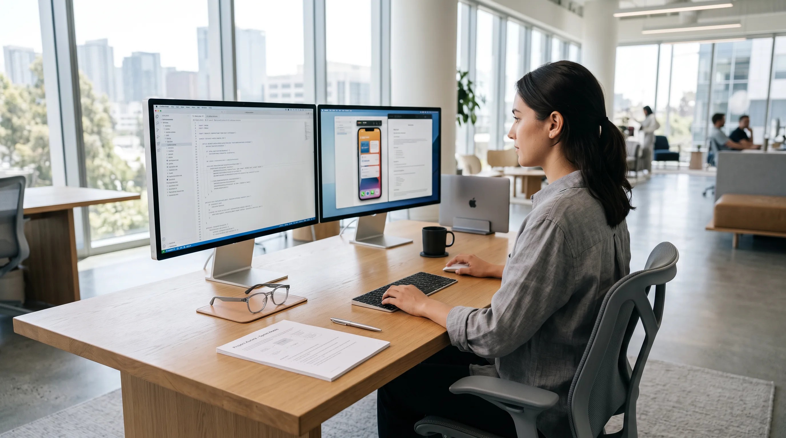 Software developer at a dual-monitor workstation reviewing code and a mobile emulator with smart glasses nearby