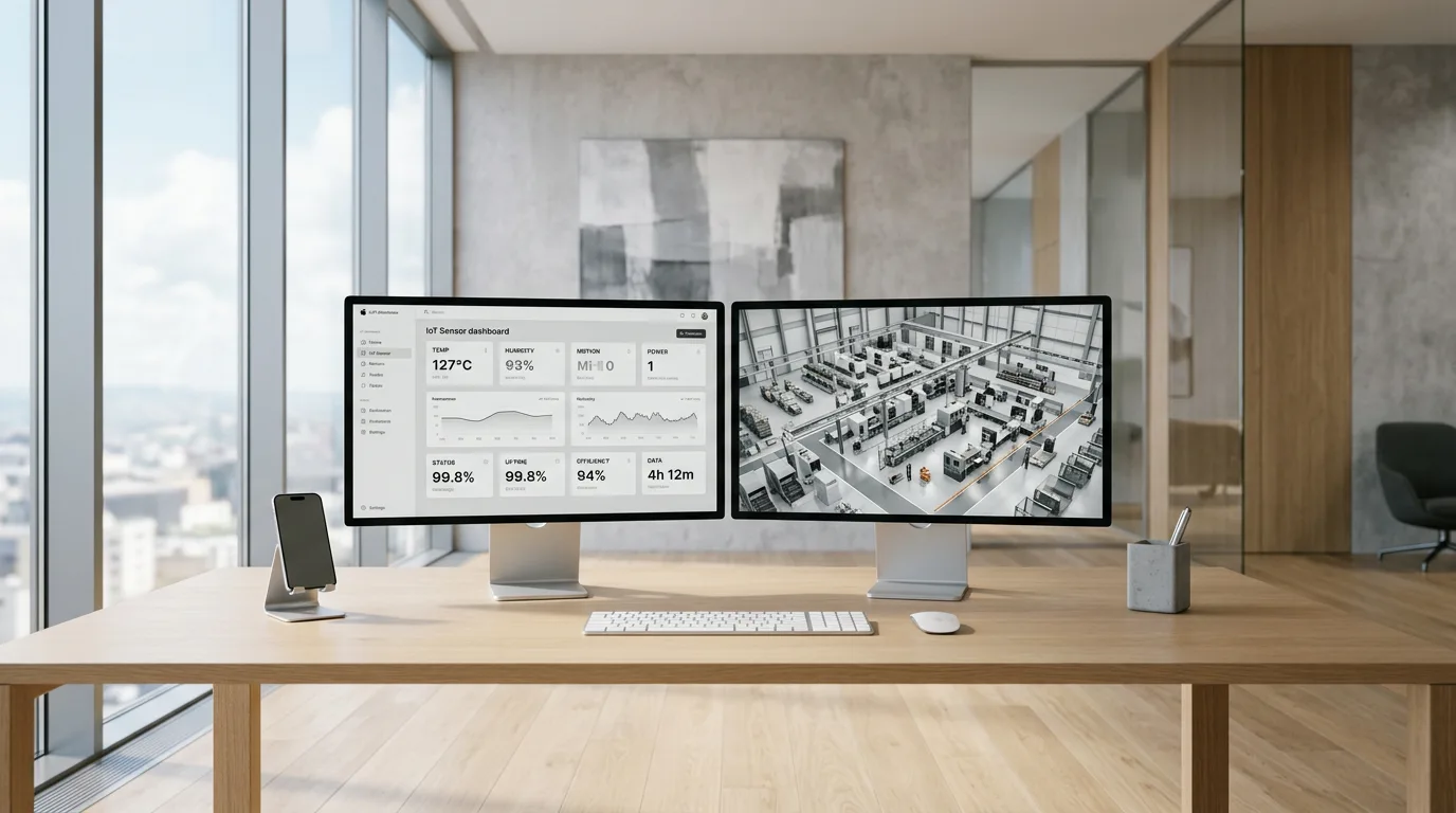 Dual monitors displaying an IoT sensor dashboard beside a photorealistic 3D factory floor rendering on a light oak desk.