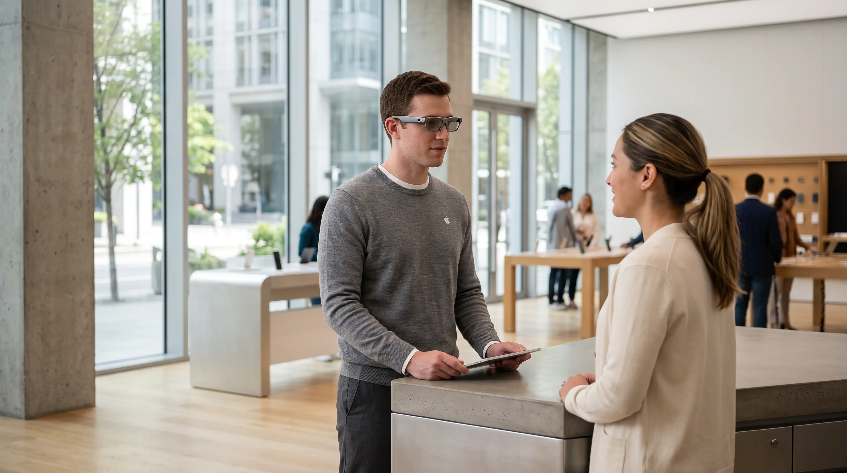 Retail associate in a neat uniform wearing slim smart glasses while serving a customer at a modern counter