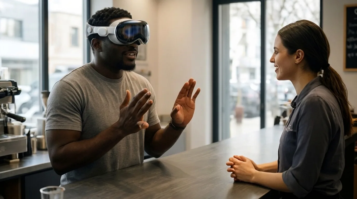 A man wearing Apple Vision Pro communicating in sign language with a colleague