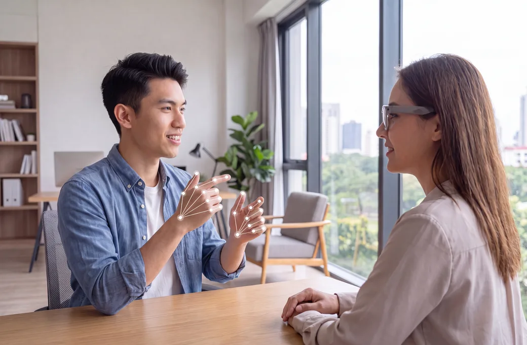 A man communicating in sign language with a woman wearing smart glasses
