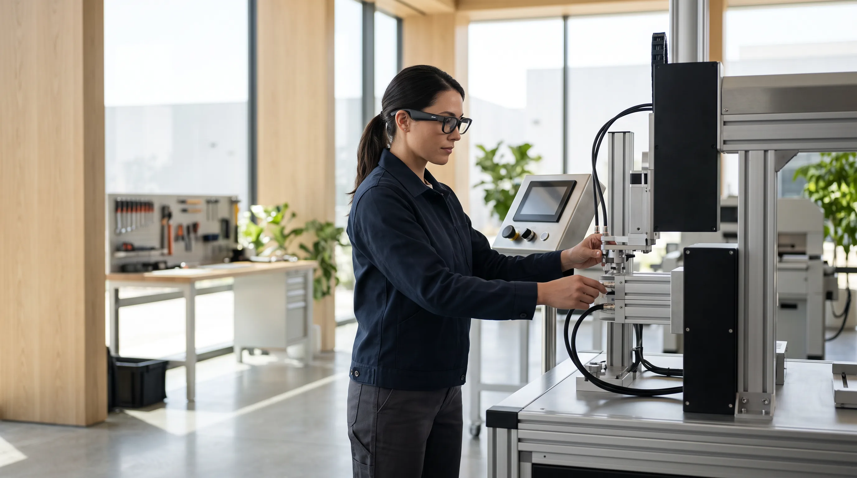 Field technician wearing audio glasses operating industrial equipment in a bright modern workshop