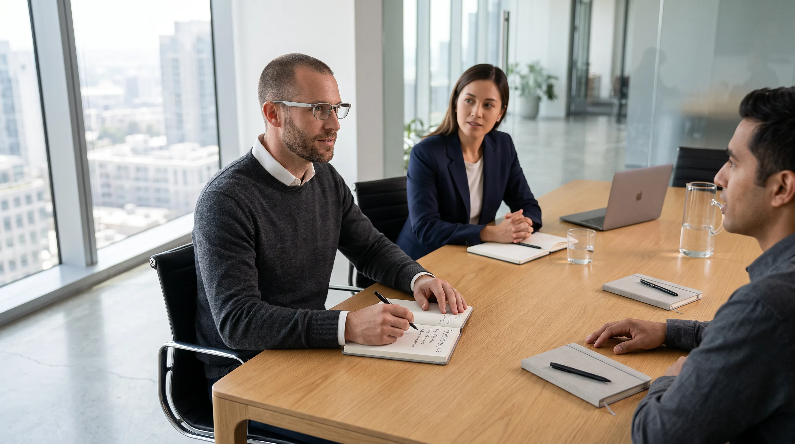 A professional wearing slim, camera-free smart glasses takes handwritten notes at a polished conference table with