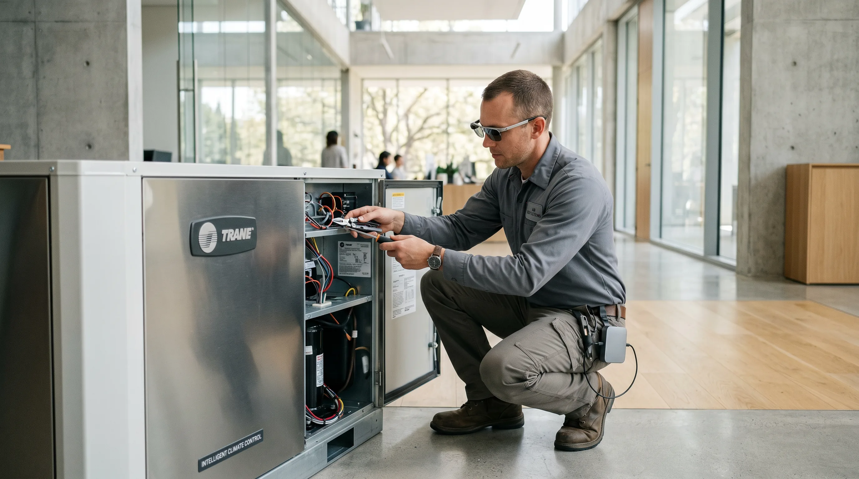 Technician using frameless smart glasses while servicing industrial HVAC unit