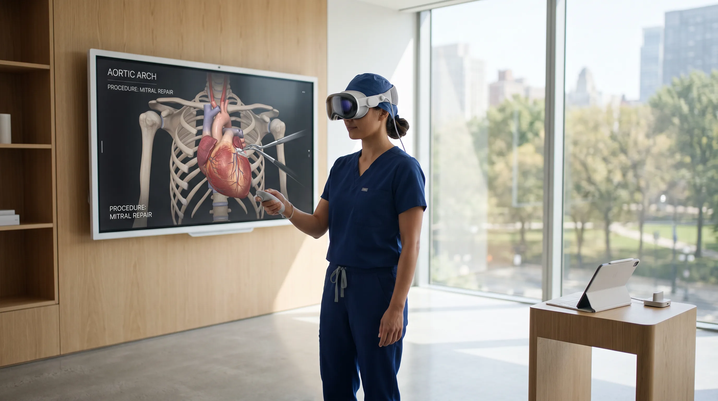 Medical professional wearing a VR headset during a healthcare simulation with spatial computing companies' enterprise tools
