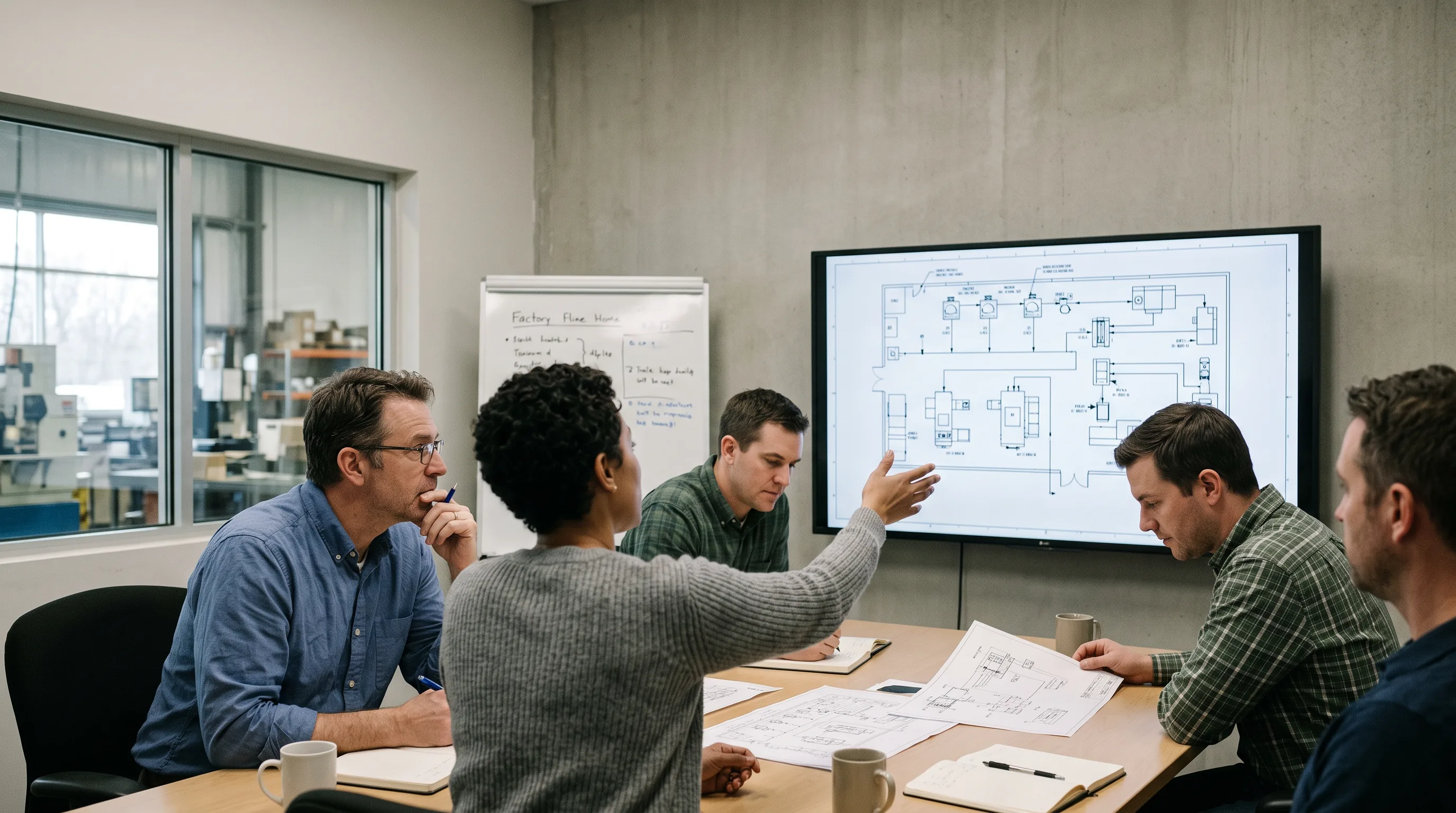 Engineers review a proposed production-line layout on a screen before ordering gear