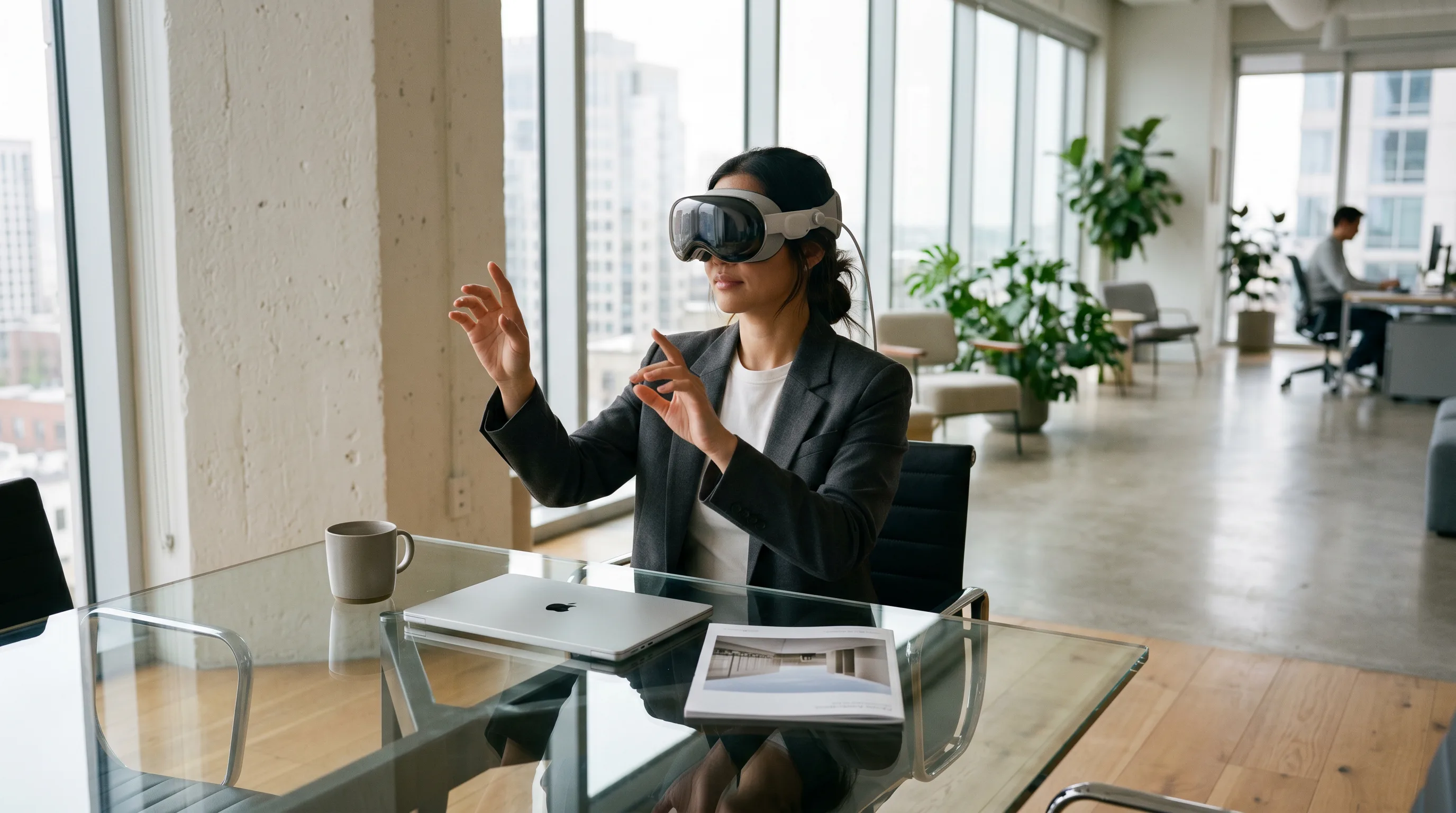 Sales consultant using Vision Pro headset at glass meeting table with property brochure and laptop