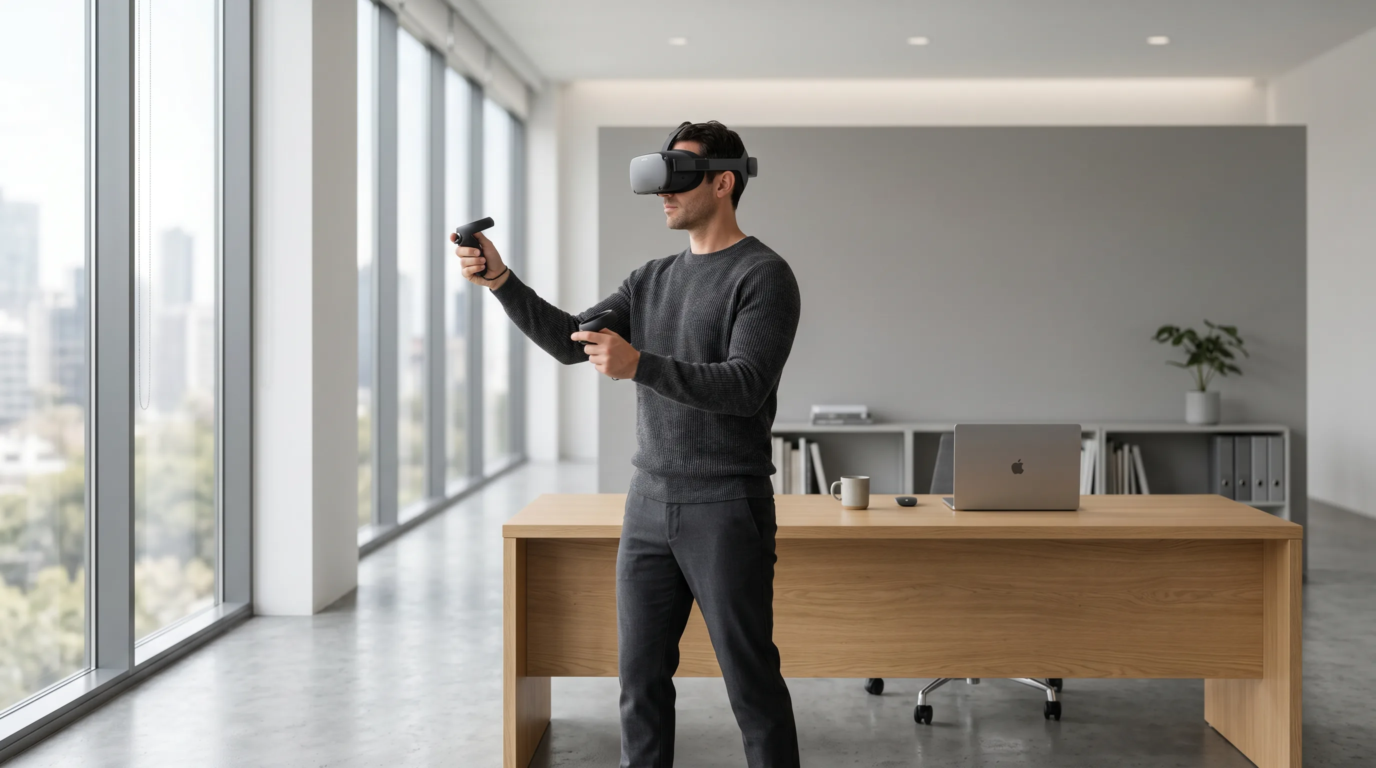 Learner wearing VR headset engaged in a corporate training simulation